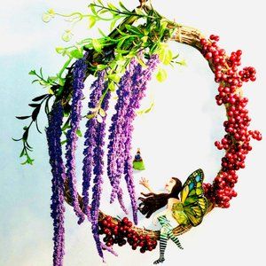 Magical Fairy Wreath with Agate, Bamboo, Polymer Clay, New, Handmade by Me!